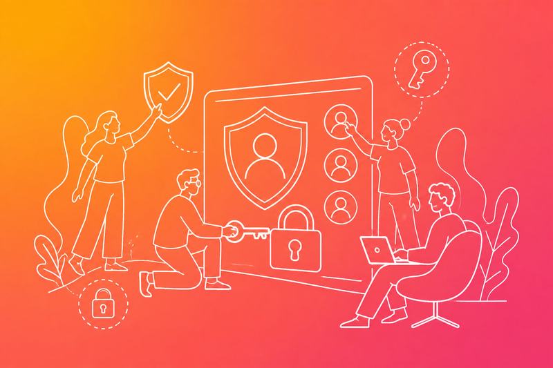 A small team works together around a secure digital access system with shields, keys, locks, and user profiles.