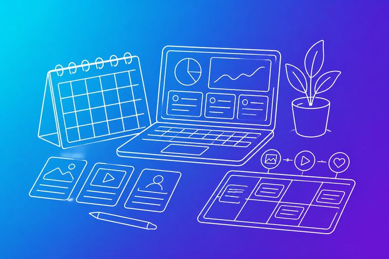 A neatly organized workspace with a blank calendar, planning cards, a laptop dashboard, and content scheduling tools.