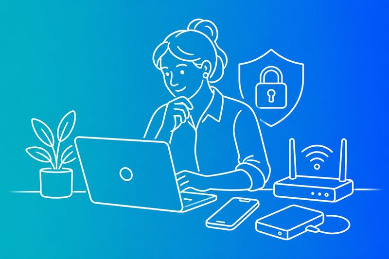 A small-business employee reviewing essential cybersecurity safeguards at a desk, including a laptop, padlock, router, smartphone, and backup drive.