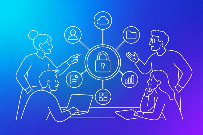 A small team collaborates around a secure access hub connecting people to shared digital resources.