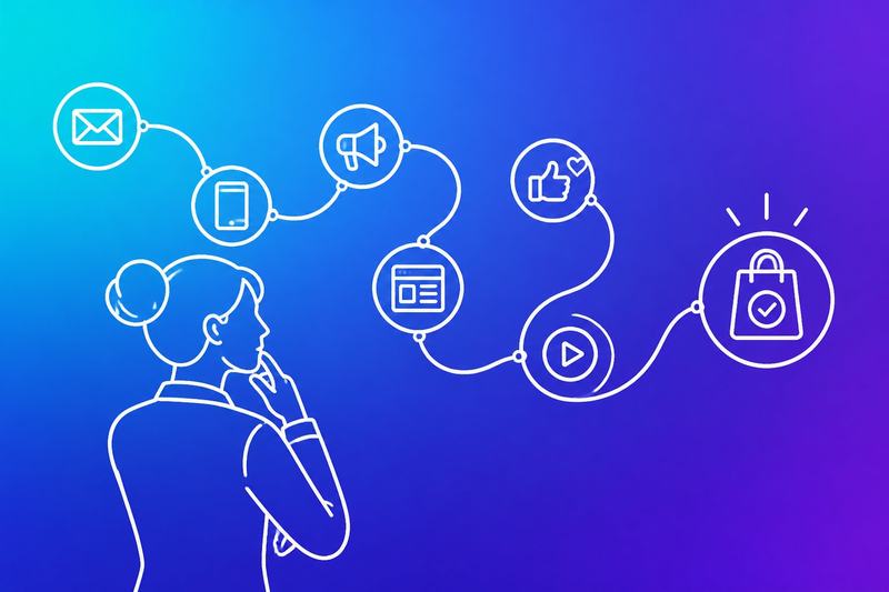 An operations professional examines a connected customer journey from multiple marketing interactions to a final purchase decision.