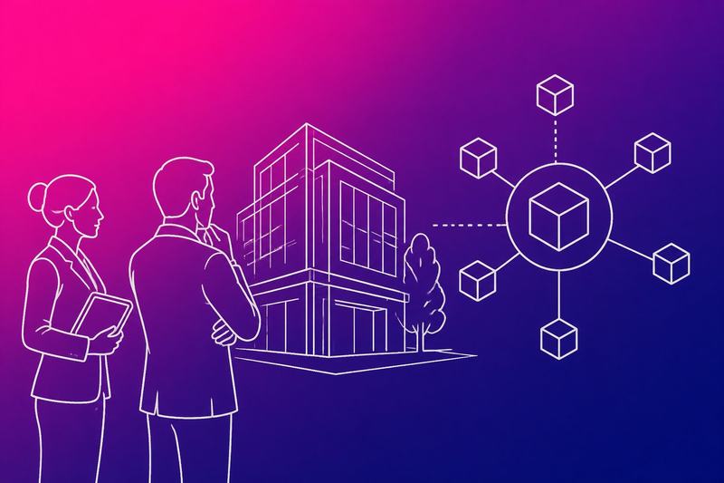 Business professionals examine a physical asset and digital network representing tokenised ownership.