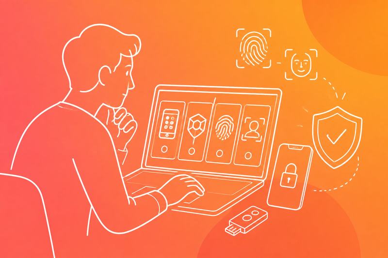 A person reviews several multi-factor authentication options on a laptop, with a smartphone, security key, shield, and biometric symbols nearby.