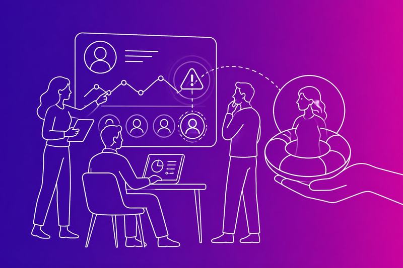 A business team analyzes customer data to identify churn warning signs and guide at-risk customers toward retention.