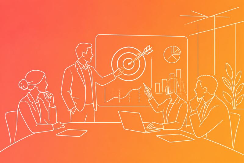 Business professionals collaboratively choose a focused performance goal while reviewing abstract charts in a modern conference room.