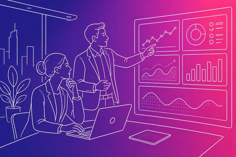 Business professionals review performance dashboards and service metrics in a modern office.