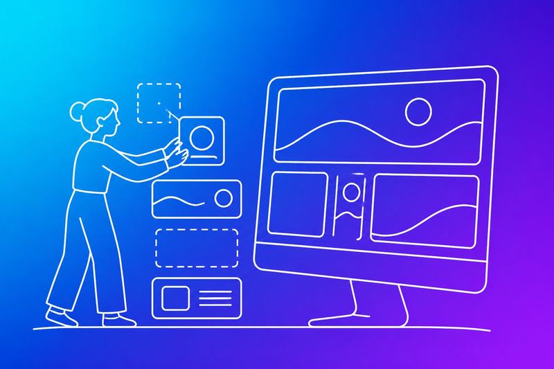 Designer arranging modular interface components beside a monitor showing a cohesive abstract digital interface.