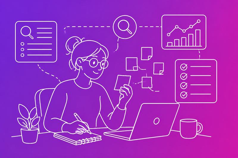 A small-business marketer organizes and validates keyword ideas using notes, search icons, charts, and checklists at a desk.