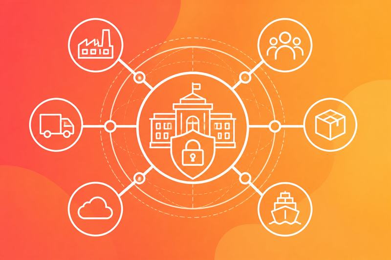 A central secure organization connected to a mapped network of external vendors, suppliers, cloud services, and logistics partners.