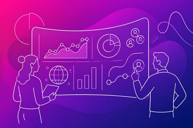 Marketing professionals study visual analytics showing audience reach, engagement, and user journeys.