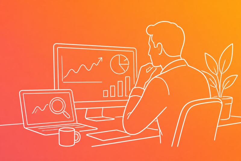 Business professional reviewing website analytics and search visibility data on office screens.