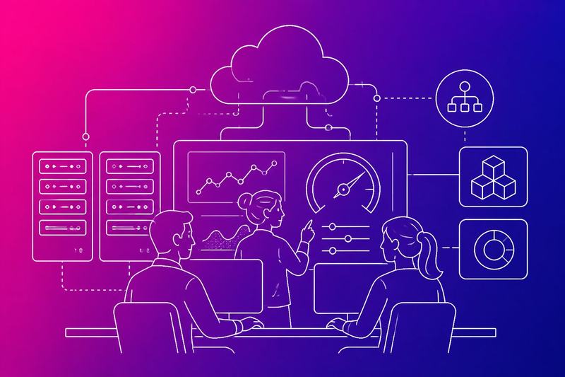 An operations team monitors a cloud hosting system with connected servers, data pathways, performance indicators, and resource controls.
