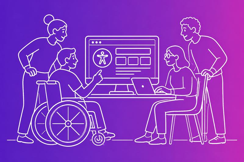 A diverse group of coworkers, including a wheelchair user, collaborating around a computer displaying an accessible website interface.