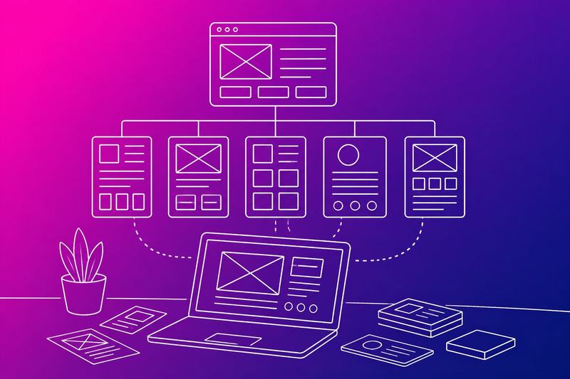A planning workspace with a website sitemap, connected page layouts, content cards, and a laptop wireframe.