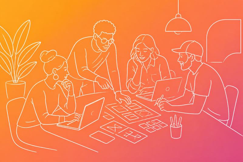 A diverse product team collaborates around a table with laptops, interface layouts, and organized design materials in a modern workspace.