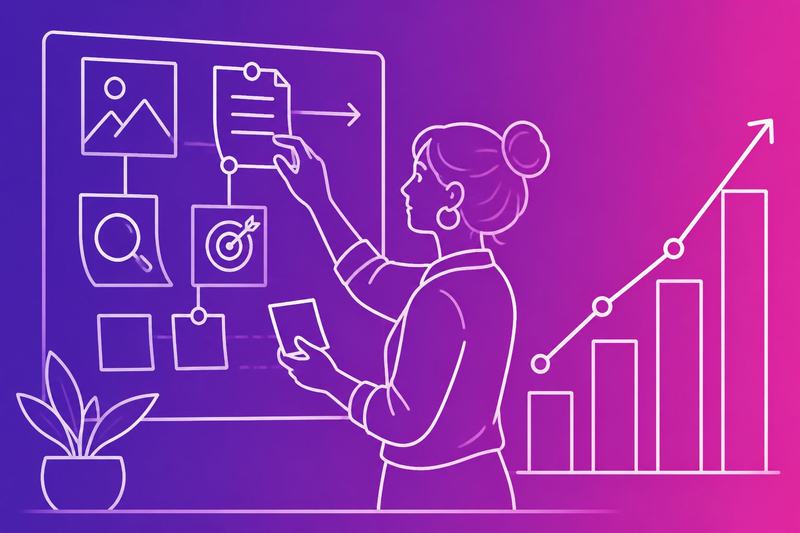 A content strategist organizes research, goals, and conversion pathways on a planning board beside an upward analytics graph.