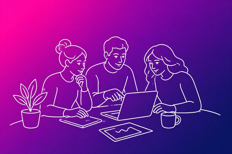 A small-business team collaborates around a table while planning content on a laptop.