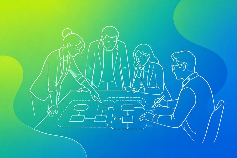 Business professionals collaborate around a table reviewing a visual service workflow with defined roles and boundaries.