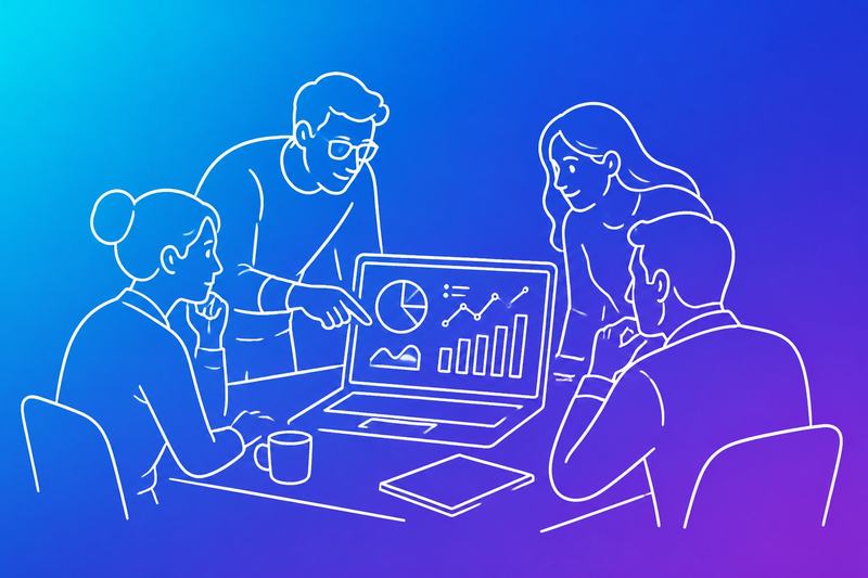 A small business team collaborates around a table while reviewing an unlabeled analytics dashboard on a laptop.