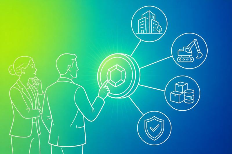 Business professionals examine a glowing digital token connected to representations of buildings, equipment, supplies, and secure ownership.