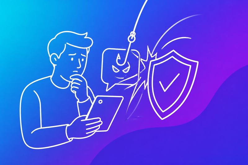 A person examines a suspicious message on a device while protective security symbols block a phishing attempt.