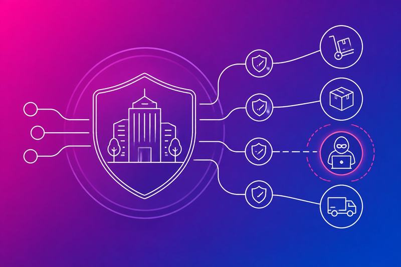 A protected organization connects with several vendors while security checkpoints detect and isolate a compromised supply chain link.