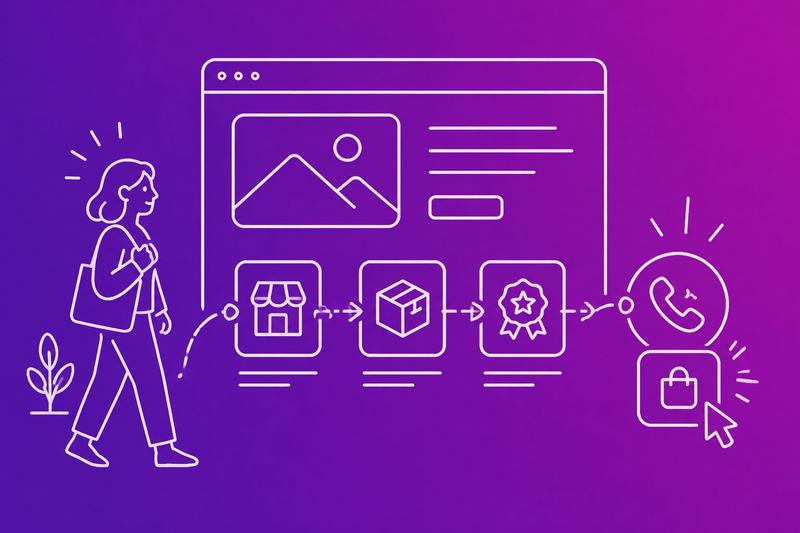 A small-business customer follows a clear visual path through a simple website interface toward a contact or purchase action.