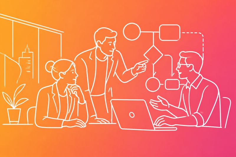 Business professionals collaborate around a laptop and workflow diagrams in a modern office.