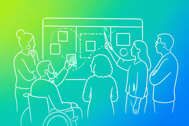 A diverse team defines the focus and boundaries of a design review around a shared planning board.