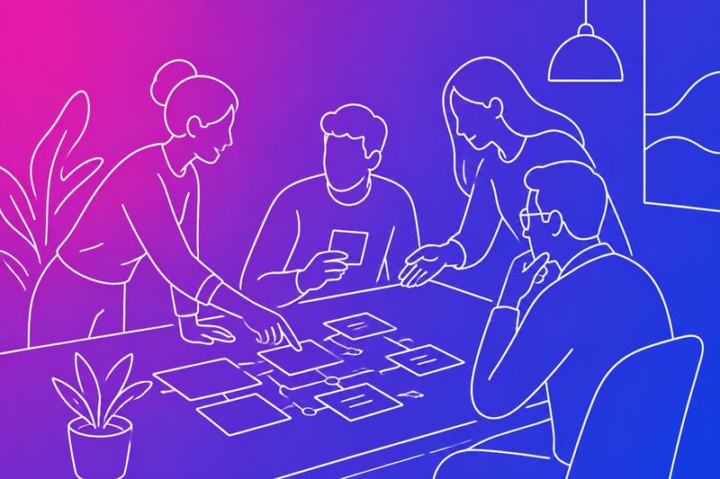A team collaborates around organized diagrams and connected cards in a modern workspace.