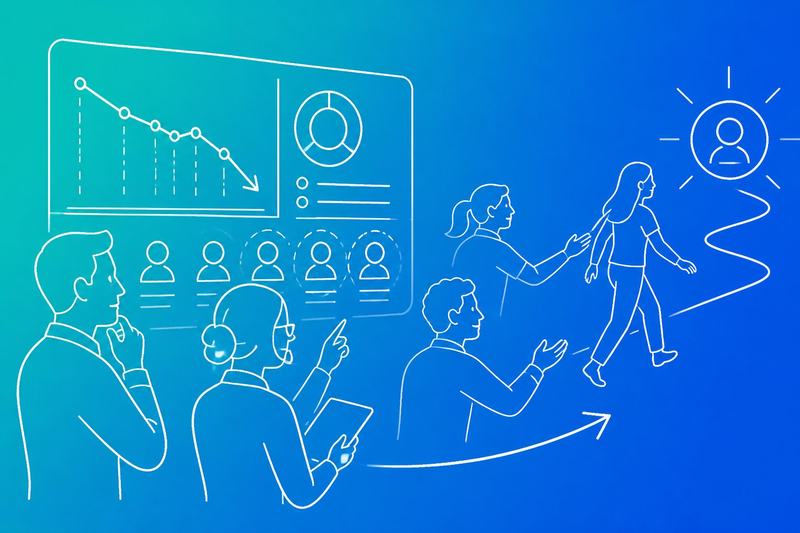 Business analysts examine customer retention charts while a team works to guide customers toward continued engagement.