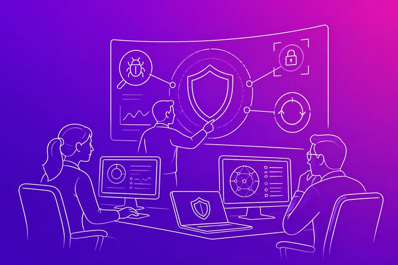 Cybersecurity analysts work together to detect, contain, and recover from a digital incident in a modern operations center.