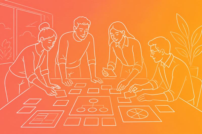 A team organizes blank cards and diagrams into a clear structure on a table in a bright office.