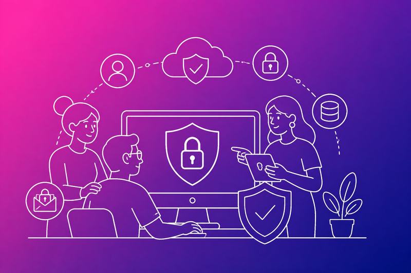 A small-business team protects digital accounts and data with layered security tools around a secure computer.