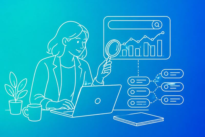 A small-business professional analyzes search trends and organizes keyword ideas to attract customer enquiries.