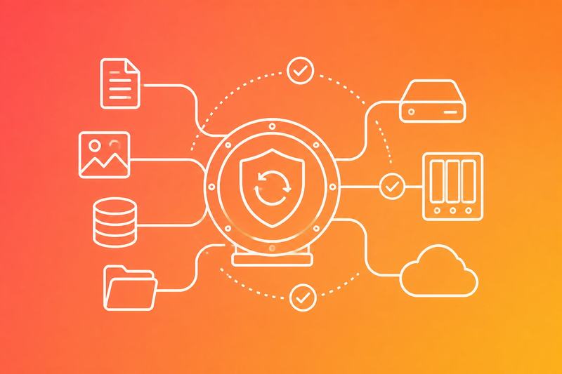 A secure backup hub connects documents, photos, databases, and other digital assets to local, network, and cloud storage with recovery checkpoints.