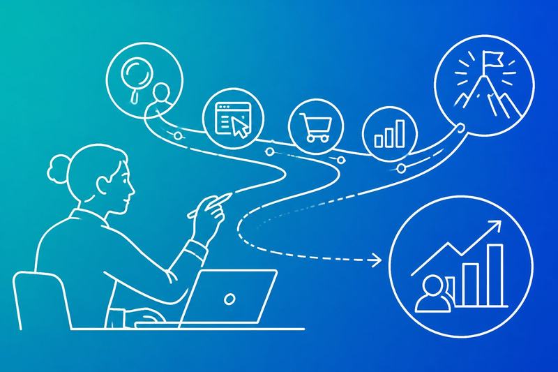 A professional analyst maps a searcher's journey from an online query to a measurable business outcome.