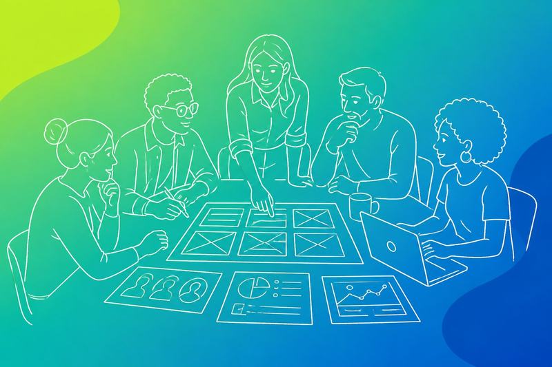 A diverse web project team plans a website build around a table with wireframes, audience profiles, goals, and project charts.