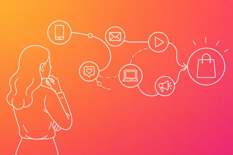 A marketing operator reviews a visual customer journey connecting several channels to a purchase outcome.