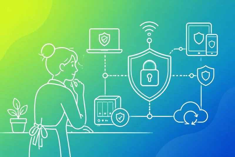 A small business operator reviews a secure network with shields, locked devices, backups, and protected connections.