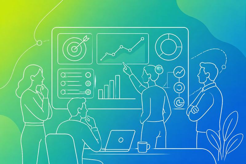 A team reviews a visual analytics dashboard with goals, charts, progress indicators, and connected performance metrics.