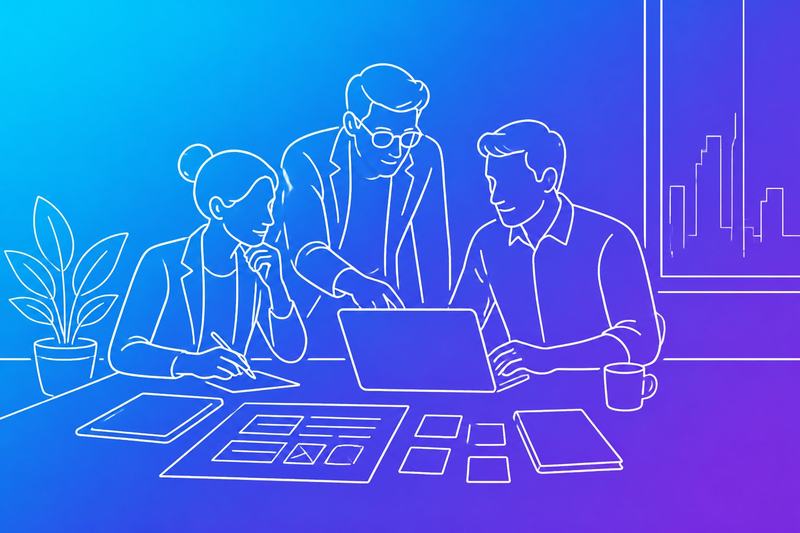 Business professionals collaborate around a laptop and organized workflow materials in a modern office.