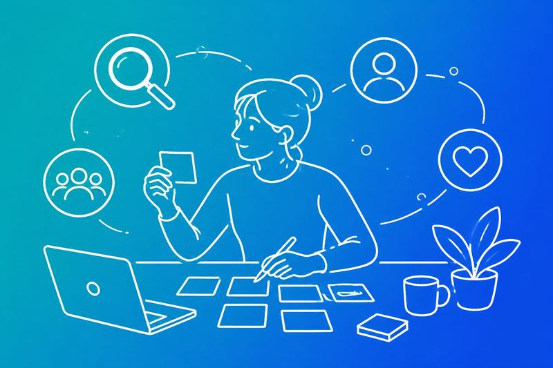 A content strategist organizes headline ideas while search, audience, and reader-value symbols surround the workspace.