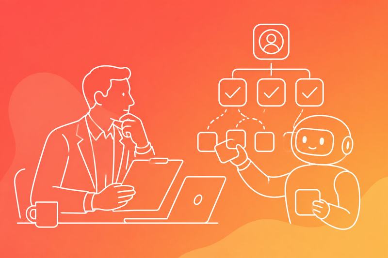 A professional reviews administrative tasks while an AI system organizes routine processes for delegation.