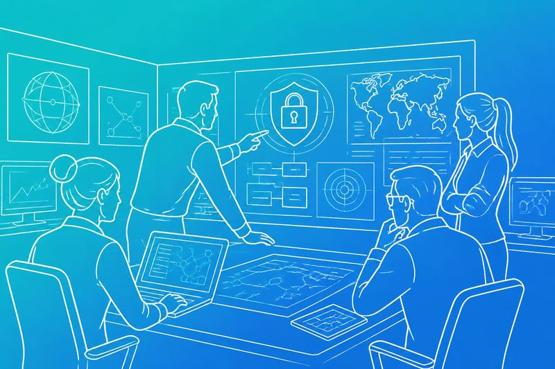 A cybersecurity response team reviews plans and digital diagrams in a modern operations room.