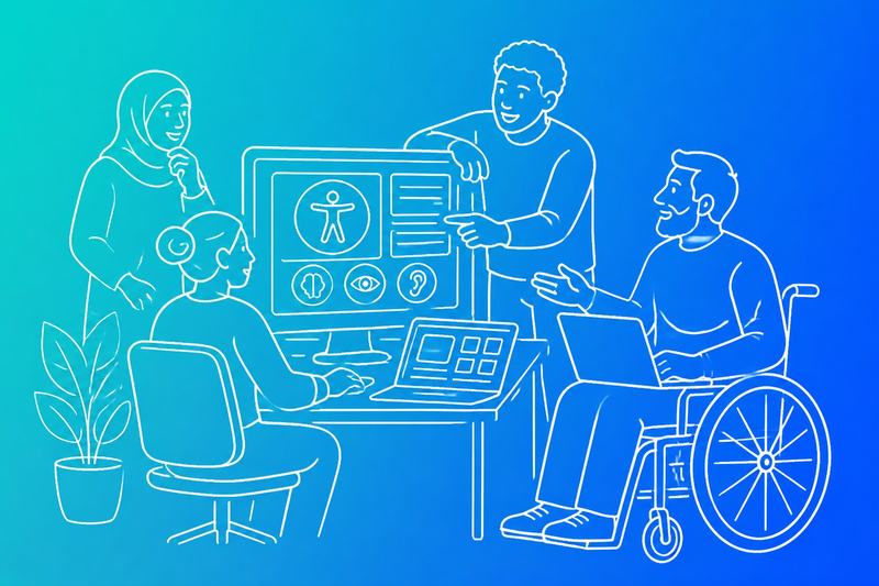 Diverse business professionals, including a wheelchair user, collaborate around computers displaying an accessible digital interface.