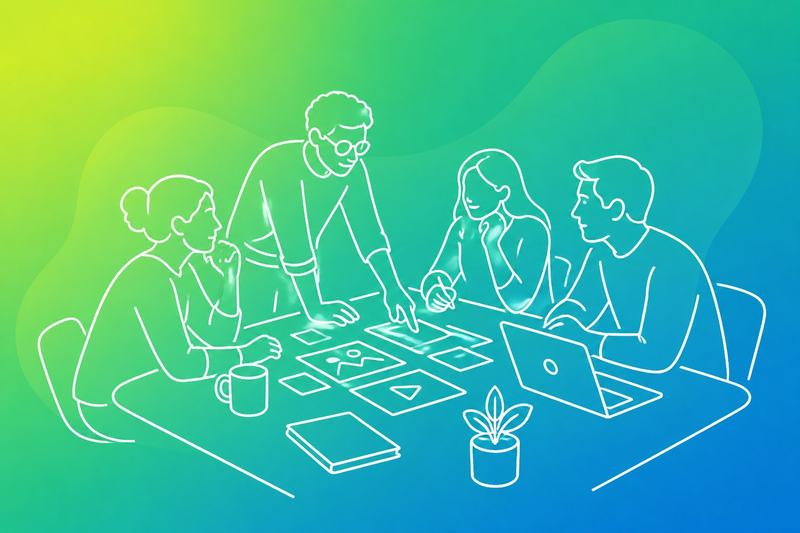A small-business team collaborates around a table while planning its content direction.