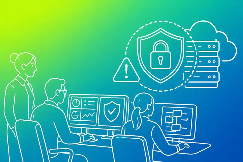 An operations team monitors protected servers while a digital lock and warning signal represent a contained ransomware threat.