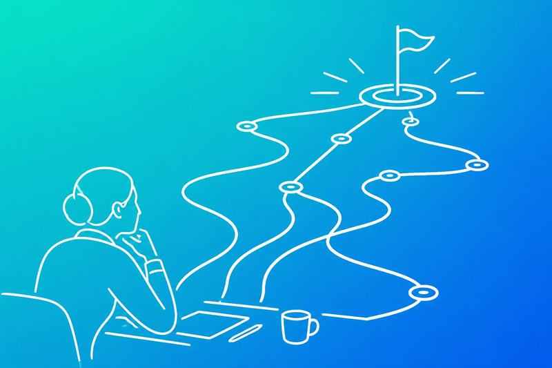 A professional planning scene showing multiple design paths converging on one highlighted goal.