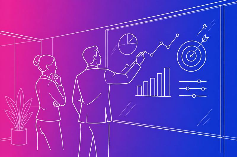 Business professionals define performance measurements and goals on a glass wall in a modern office.